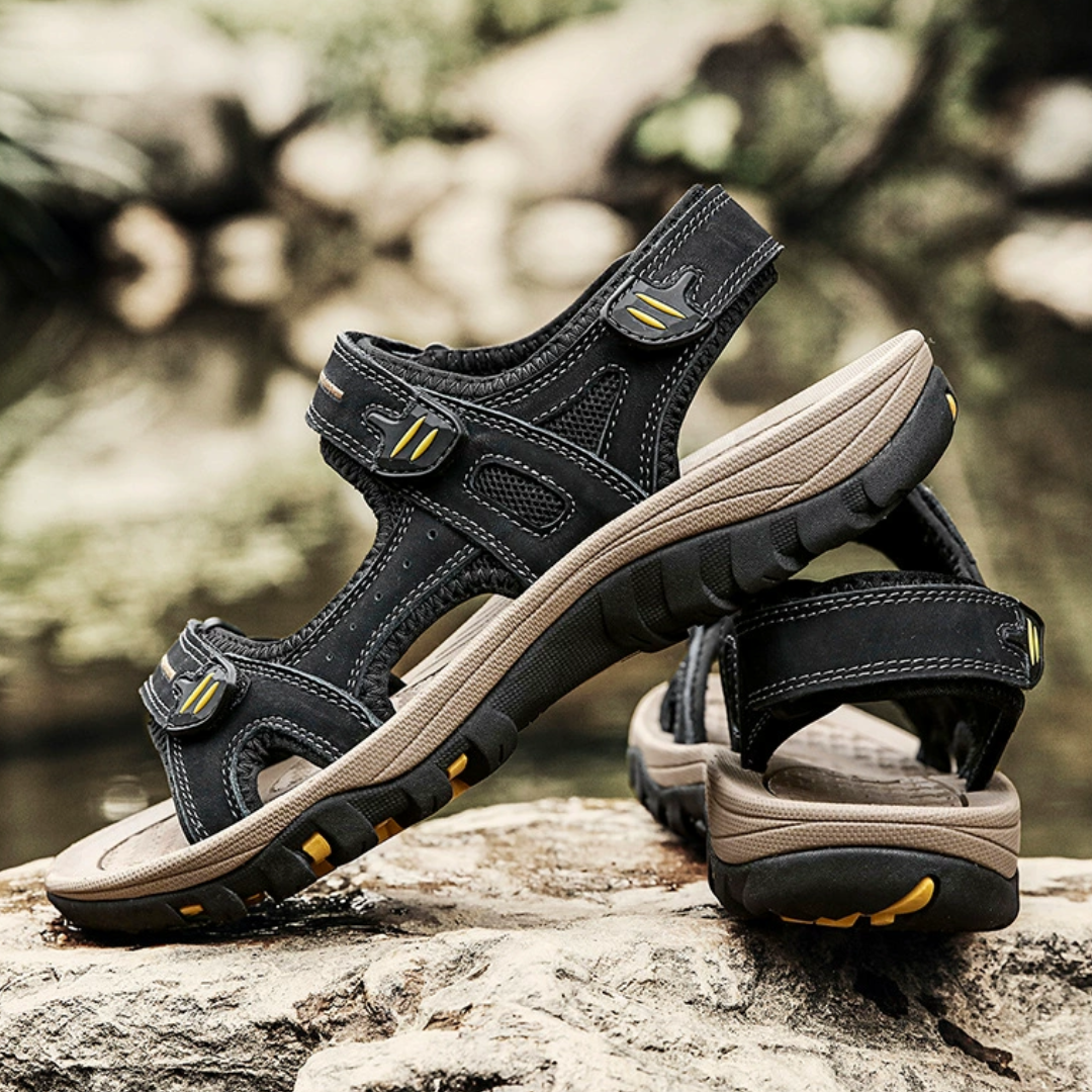 SooFeet Men Sandals Arch-support Waterproof Hiking Genuine Cow Leather Velcro New Trendy Summer