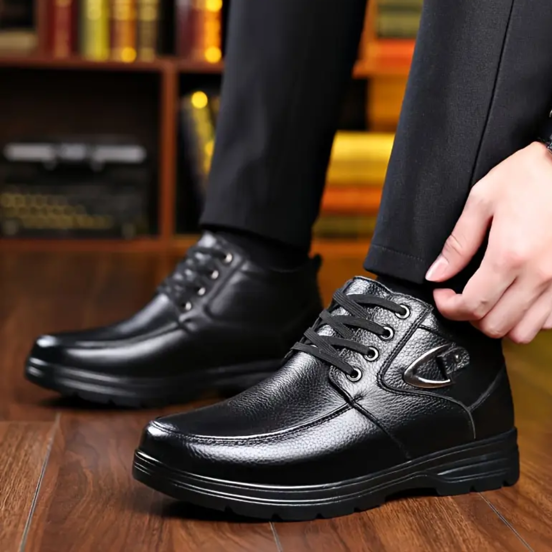 SooFeet Men Orthopedic Dress Boots Warm Winter Plush Waterproof Leather Side Zipper Walking