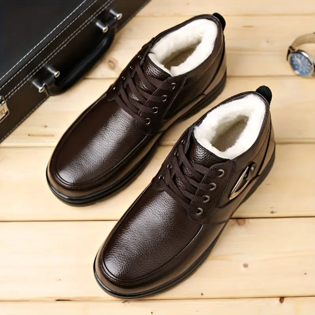 SooFeet Men Orthopedic Dress Boots Warm Winter Plush Waterproof Leather Side Zipper Walking