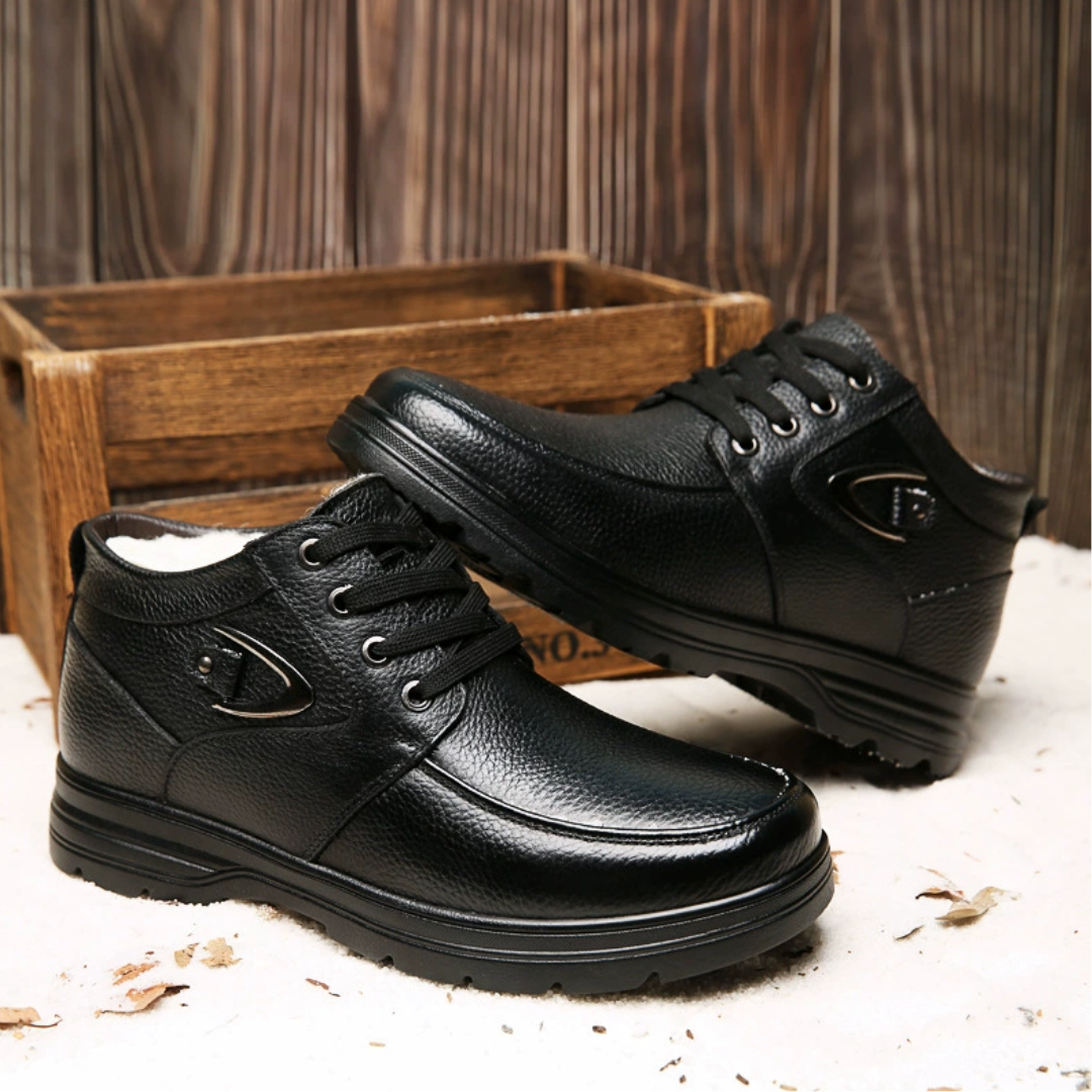 SooFeet Men Orthopedic Dress Boots Warm Winter Plush Waterproof Leather Side Zipper Walking