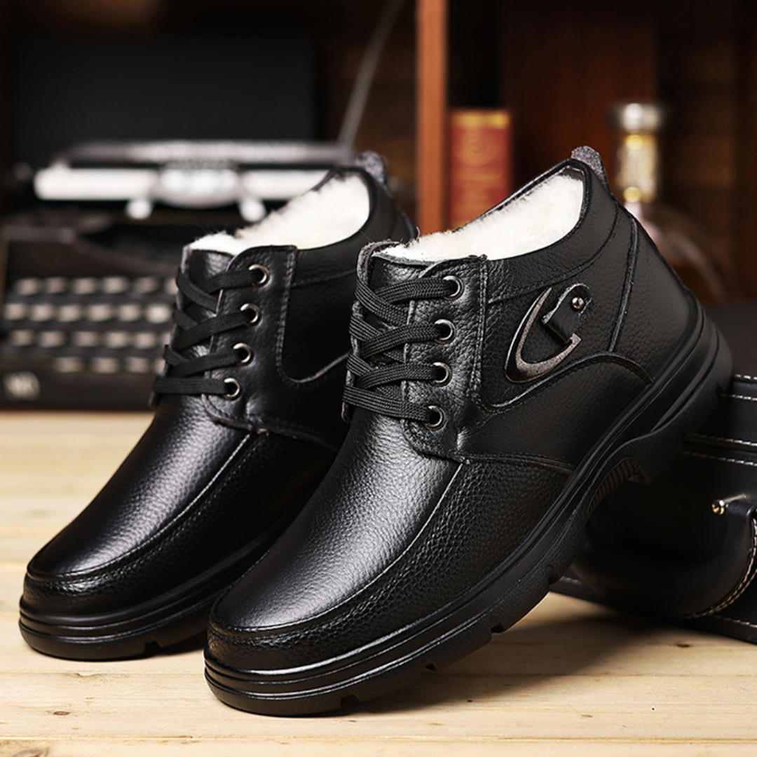 SooFeet Men Orthopedic Dress Boots Warm Winter Plush Waterproof Leather Side Zipper Walking