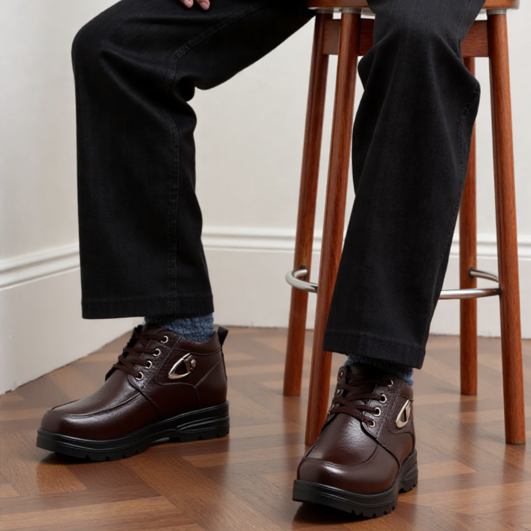 SooFeet Men Orthopedic Dress Boots Warm Winter Plush Waterproof Leather Side Zipper Walking