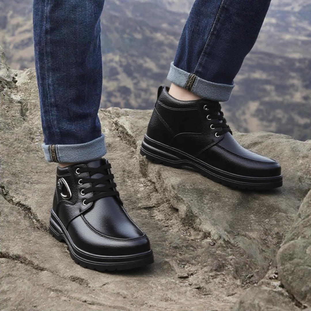 SooFeet Men Orthopedic Dress Boots Warm Winter Plush Waterproof Leather Side Zipper Walking