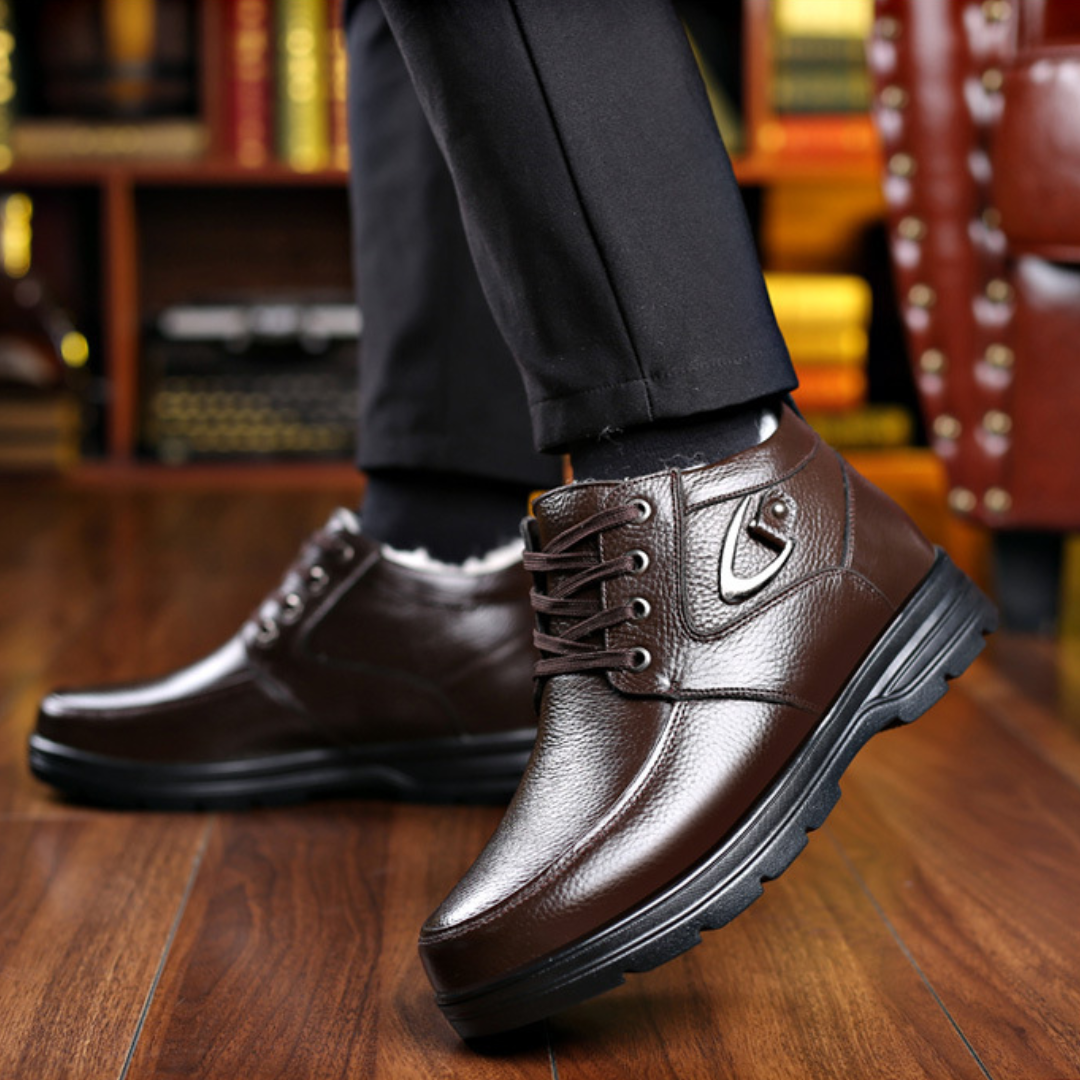 SooFeet Men Orthopedic Dress Boots Warm Winter Plush Waterproof Leather Side Zipper Walking