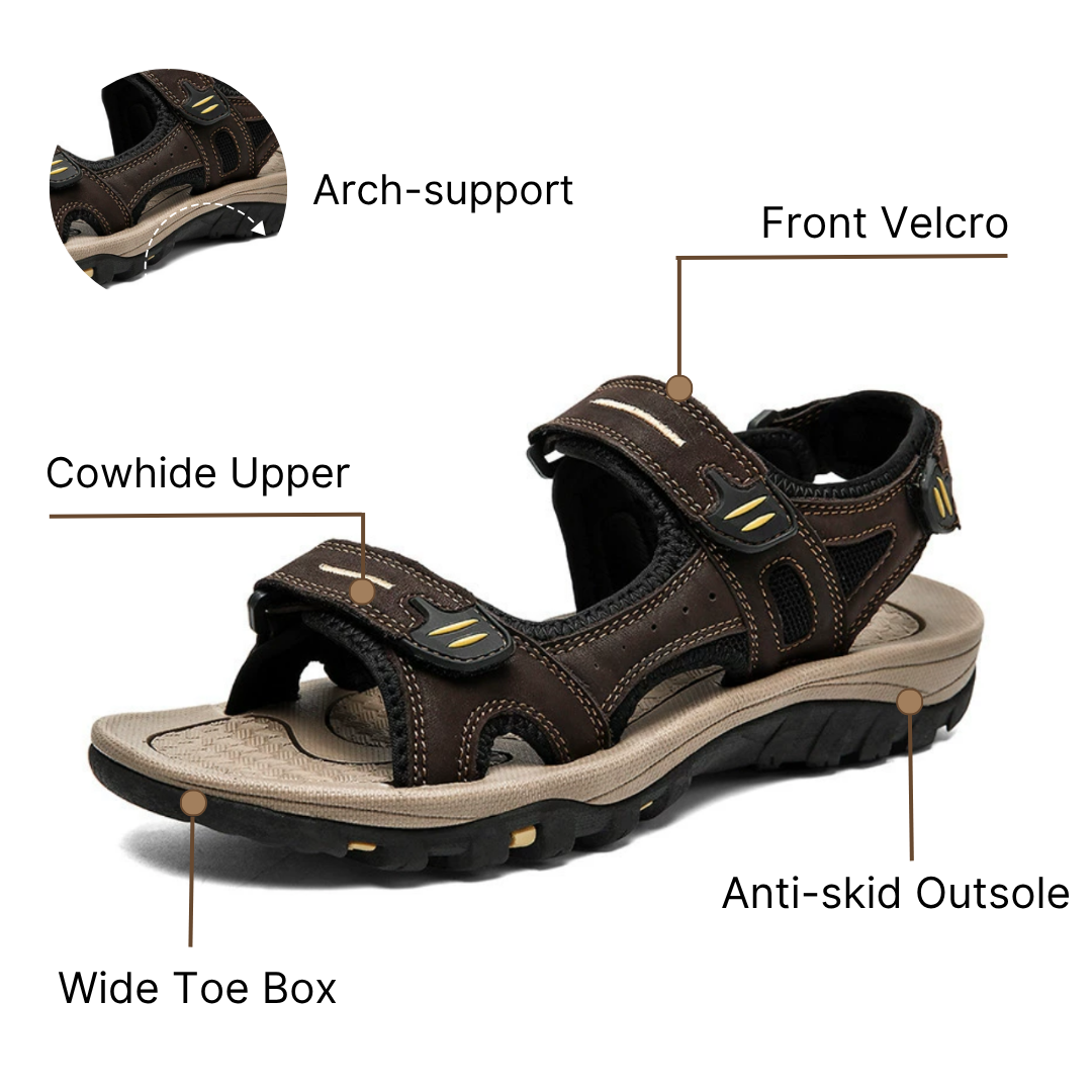SooFeet Men Sandals Arch-support Waterproof Hiking Genuine Cow Leather Velcro New Trendy Summer