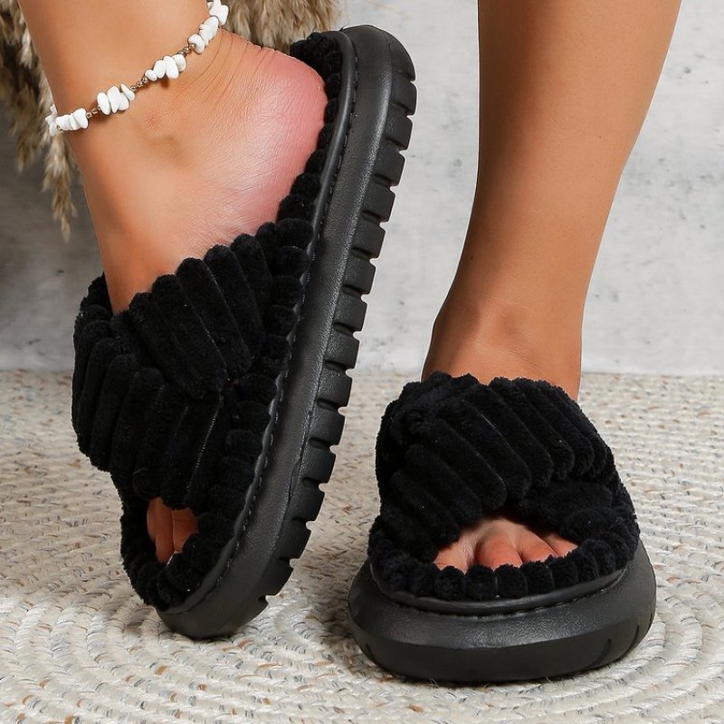 Soofeet Women New Platform Soft Fur Slippers Open-Toe Winter