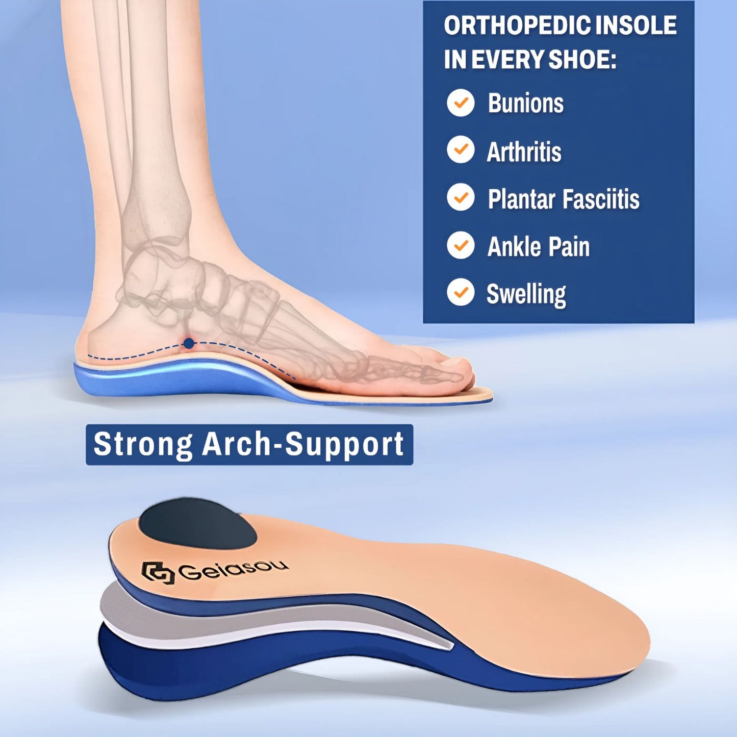 GEIASOU Orthotic Insoles Comfort Memory Foam Arch Support Pain Relief